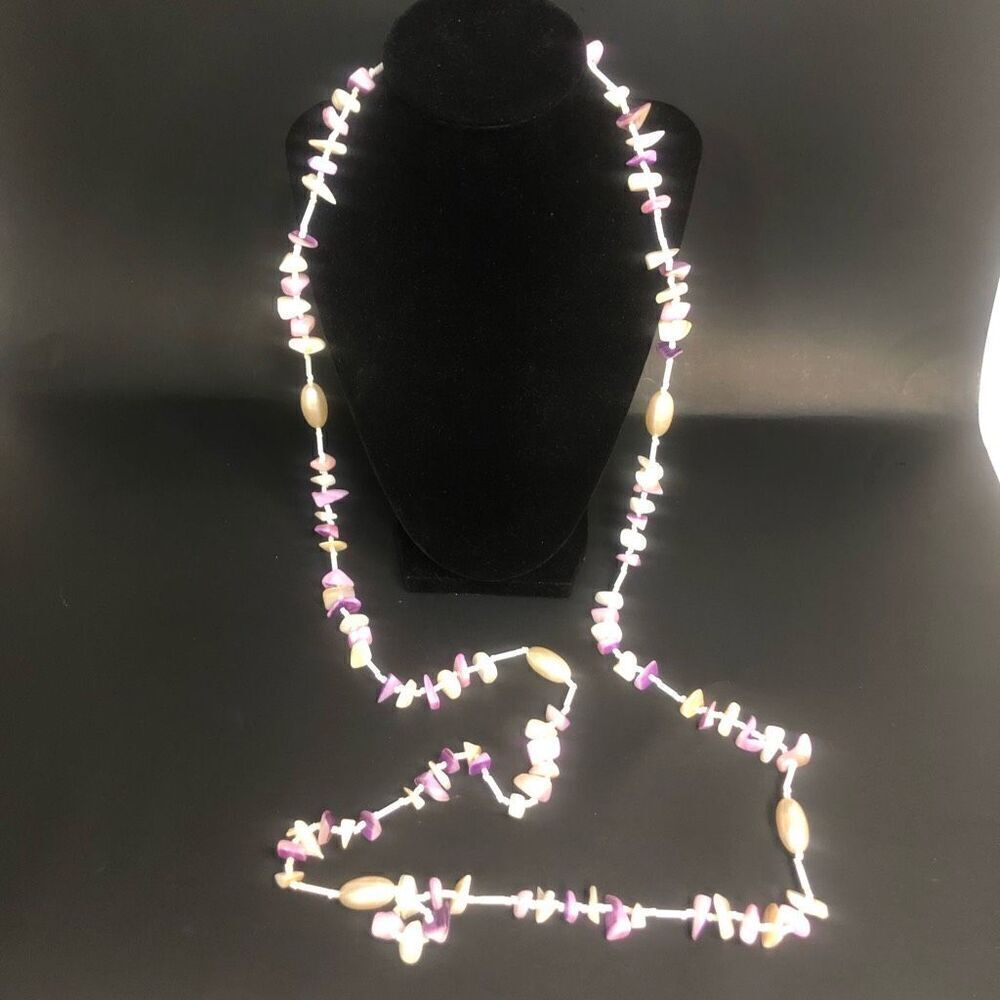 purple white stone bead beach long necklace wrap layer 26 in vintage y2k